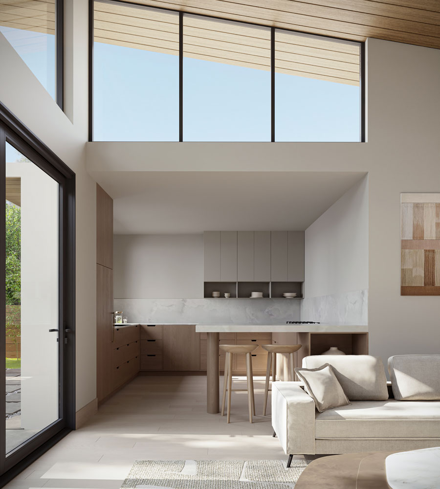 A beautiful and brightly toned mono-slope model kitchen design with Anchored Tiny Homes San Jose.