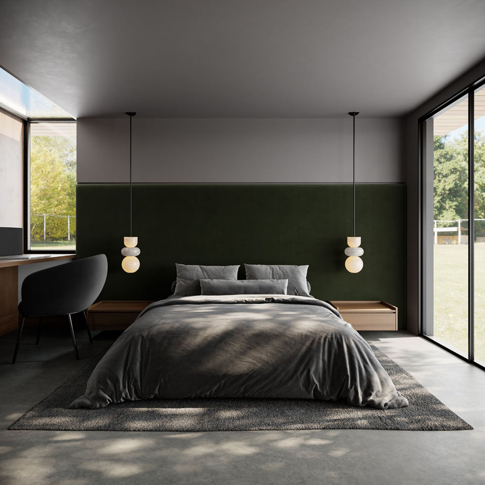 A luxurious bedroom in our mono-slop model - Anchored Tiny Homes San Jose.